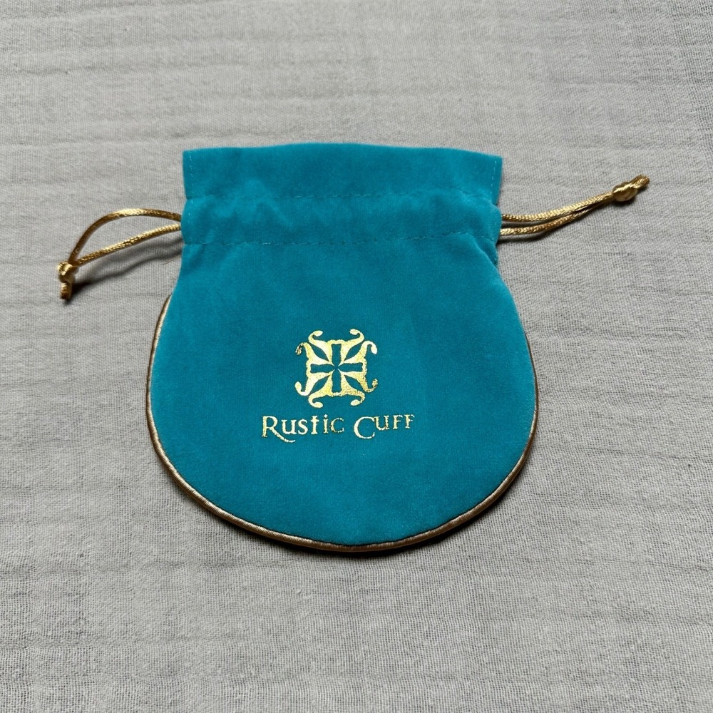 Rustic Cuff Velvet Jewelry Bag Pouch Drawsting Teal and Gold 5.5 x 5